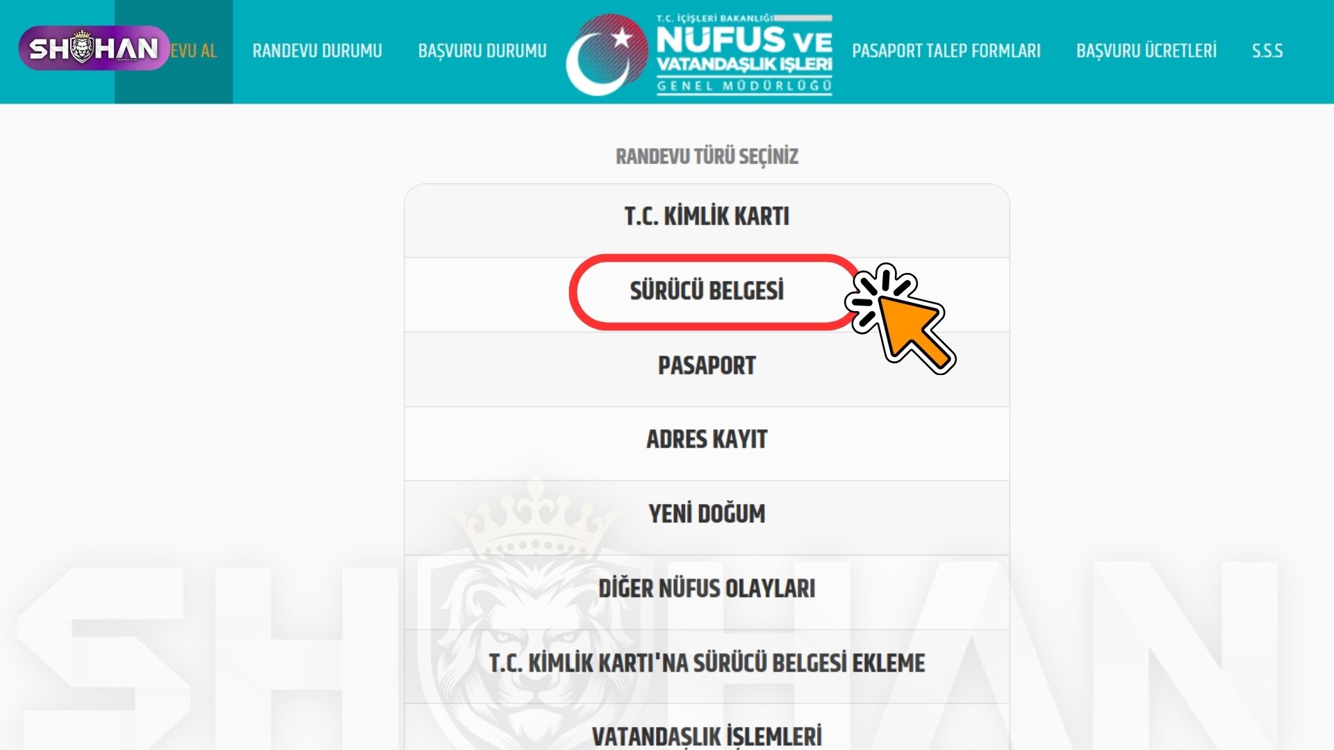 تبدیل گواهینامه ایرانی به ترکی در سال ۲۰۲۶ 32 قدم ۱ — انتخاب نوع نوبت: در صفحه «RANDEVU TÜRÜ SEÇİNİZ» (نوع نوبت را انتخاب کنید)، روی گزینه «SÜRÜCÜ BELGESİ» (گواهینامه رانندگی) بزنید.